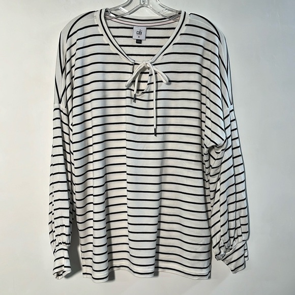 CABI Balloon SLV Drop Shoulder Keyhole Tie Preppy Beach Work B/W Stripe Tunic M - Picture 3 of 16
